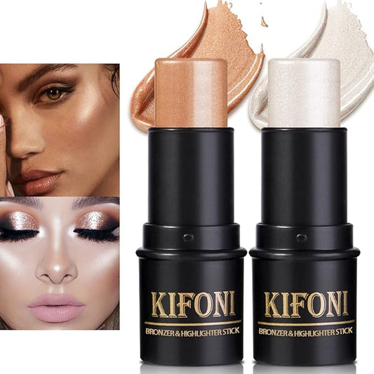 2 Pcs Cream Contour Stick Makeup Kit, Cream Highlighter Stick & Contour Bronzer Stick for Cheeks, Lightweight Blendable Smooth -Highlighter (#03 Champagne Gold #06 Silver)