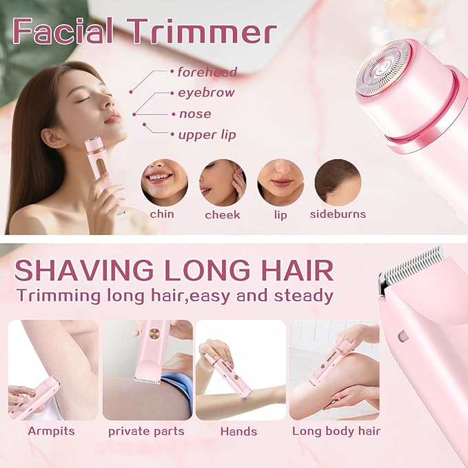 2 in 1 Bikini Trimmer for Women, Dual Head Electric Shaver with LED Display for Body Pubic Hair, IPX7 Waterproof Rechargeable Womens Electric Razor for Armpit Leg Body Facial