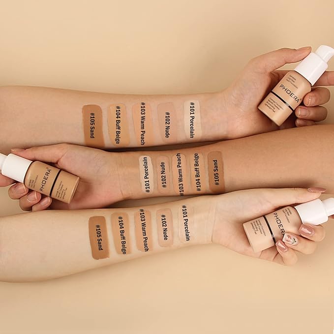 PHOERA Foundation Makeup Naturally Liquid Foundation Full Coverage Mattle Oil-Control Concealer 8 Colors Optional,Great Choice For Gift (#102 Nude,30ml)