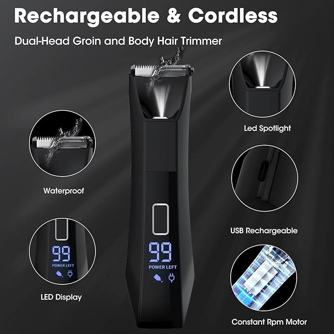 2-in-1 Manscape Trimmer for Men,Body & Groin Hair Trimmers for Men,Bikini Trimmer Women- Wet/Dry Electric Razors for Smooth No-Nick Shaving,IPX7 Waterproof Ball Shaver,LED Display,Black
