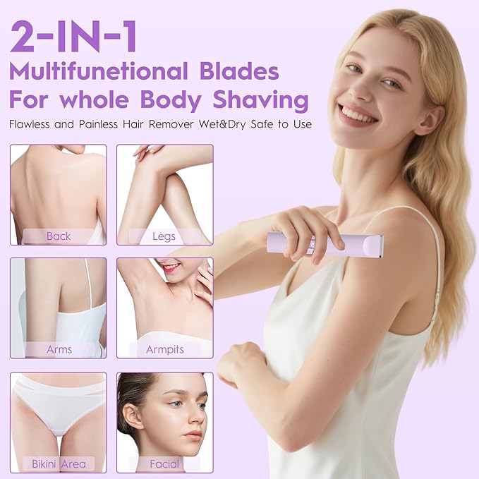 2025 Upgraded Dermave Bikini Shaver - 2 in 1 Bikini Trimmer for Women with LCD Display, Dual Head Cordless Electric Shaver, IPX7 Waterproof Wet/Dry Body Hair Trimmer for Face,Purple