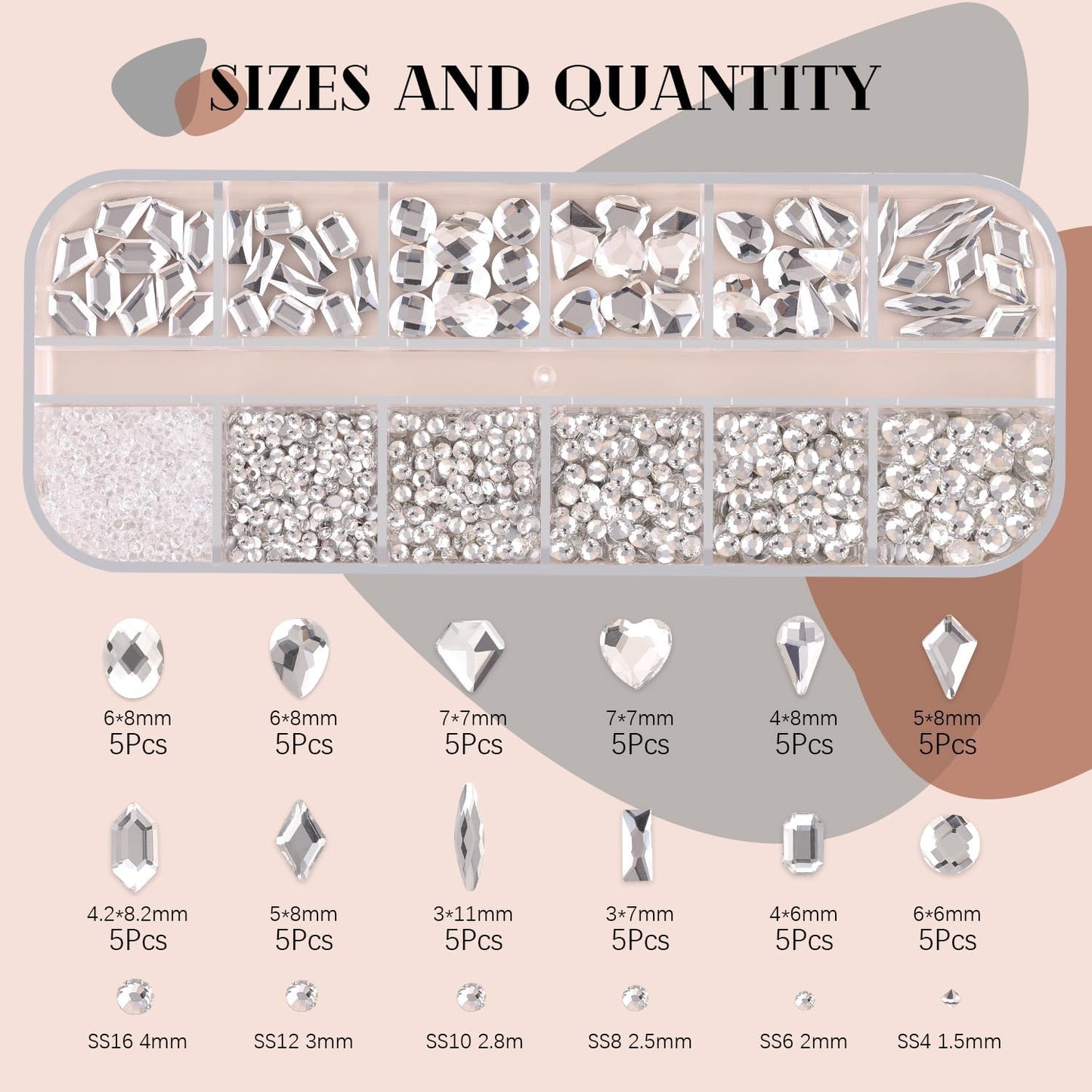 2060Pcs Silver Clear Nail Rhinestones 60Pcs Multi Shapes Glass Flatback Nail Gems + 2000Pcs 1.5-4mm Round Crystal, Manicure Nail Charms Diamond Gemstones for Acrylic Nails Decoration