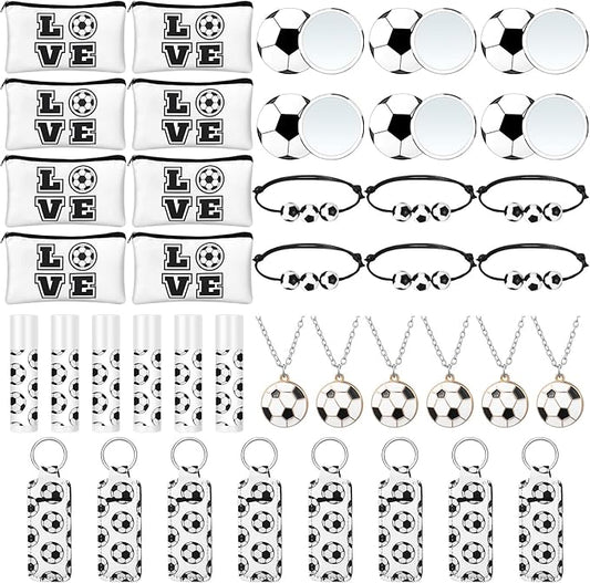 72 Pcs Sports Team Gifts Include 12 Makeup Bags 12 Lip Balm 12 Lip Balm Holder 12 Necklace 12 Adjustable Bracelet 12 Mirrors for Sports Lovers Players Party Favors (Black, Soccer)