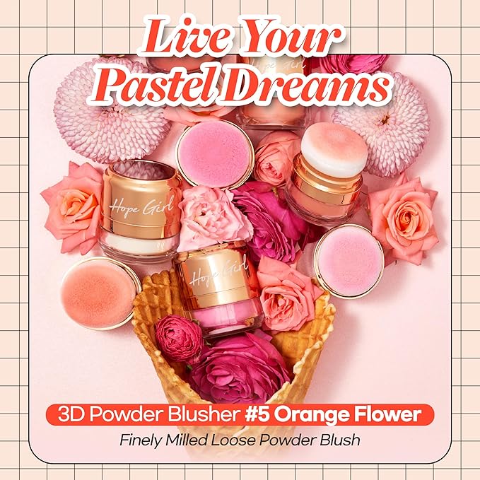Hope Girl 3D Powder Blusher 0.17oz | Skin-Loving Korean Mini Blush for Cheeks and Eye Makeup w/Allantoin | K Beauty Cool Toned Vibrant Sunkissed Fine Powder Makeup Blush Cosmetics (#05 Orange Flower)