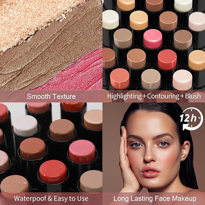 3 Pcs Face Contour Stick Kit, Matte Finish Face Stick Trio with Bronzer Blush Highlighter and Brush, Long Lasting Waterproof Cream Beauty Wand Makeup Set for Sculpt Glowing Face Look (#1, 8, 13)