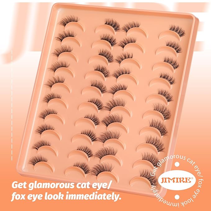 JIMIRE 20 Pairs Hlaf False Eyelashes with Clear Band Half Lashes Wispy Short Accent Lashes 4 Styles Mixed Cat Eye Mink Lashes Fluffy 3/4 Corner Fake Half Lashes Cat Eye Natural Look