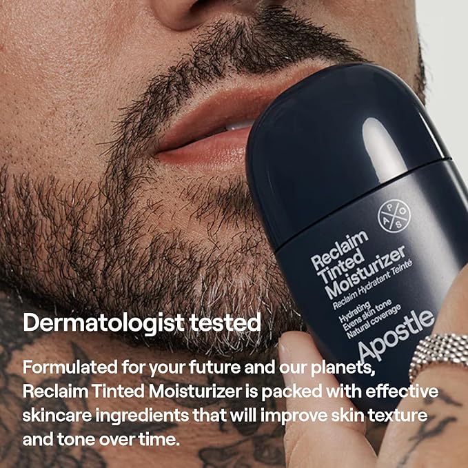 APOSTLE Reclaim Tinted Moisturizer for Men (12 Negril) - Niacinamide, Vitamin E, Squalane, Hyaluronic Acid, Tinted Face Moisturizer For Men. Hydrates, Evens Skin Tone, Reduces Fine Lines, 1 Fl. Oz.