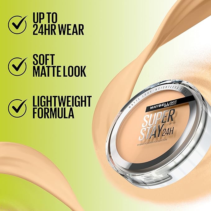 Maybelline Super Stay Up to 24HR Hybrid Powder-Foundation, Medium-to-Full Coverage Makeup, Matte Finish, 112, 1 Count