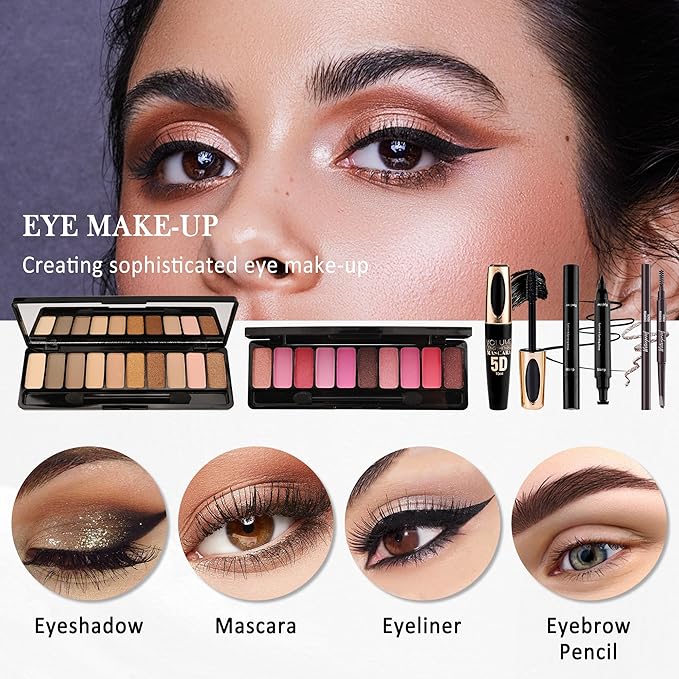 All In One Multipurpose Makeup Kit for Women,Travel Makeup Set,Makeup Gift Full Kit,Includes Foundation Eyeshadow Palette Lipstick Mascara Eyeliner Blusher Cosmetic Brush Set with Makeup Bag-Set B