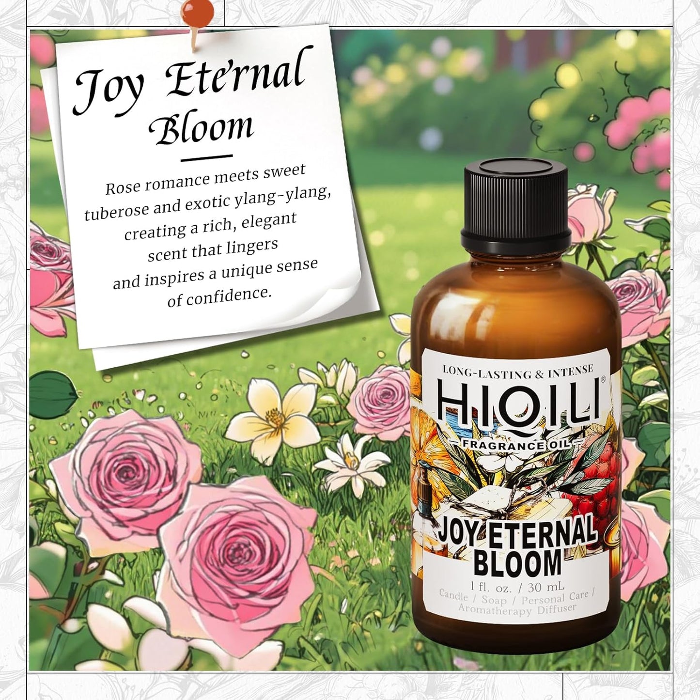 HIQILI Joy Eternal Bloom Fragrance Oil for Aromatherapy Diffuser, Candle & Soap Making, Long-Lasting Scents for Air Freshener - 1 Fl Oz