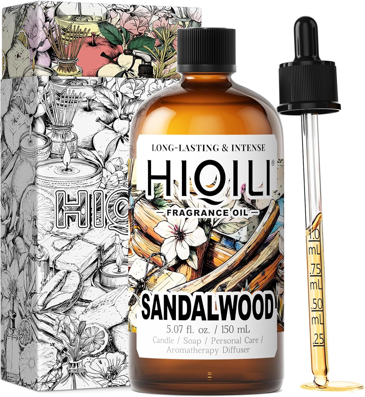 HIQILI Sandalwood Fragrance Oil for Home Diffuser, Luxury Hotel Scent, Perfect for DIY Candle & Soap Making, Add to Body Lotion - 5.07 Fl Oz