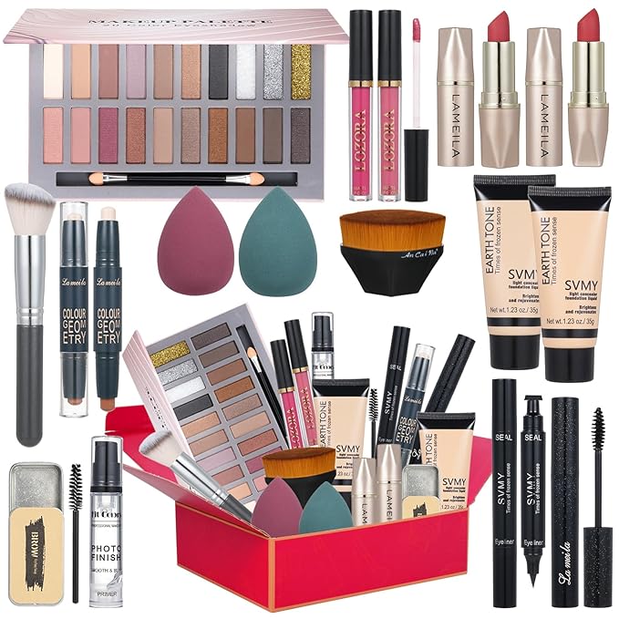 All in One Makeup Kit for Women Full Kit Includes Palette Foundation & Face Primer, Makeup Brush Makeup Sponge, Eyebrow Soap, Winged Eyeliner Stamp 20 Colors Eyeshadow Gift Set for Women, Girls & Teen