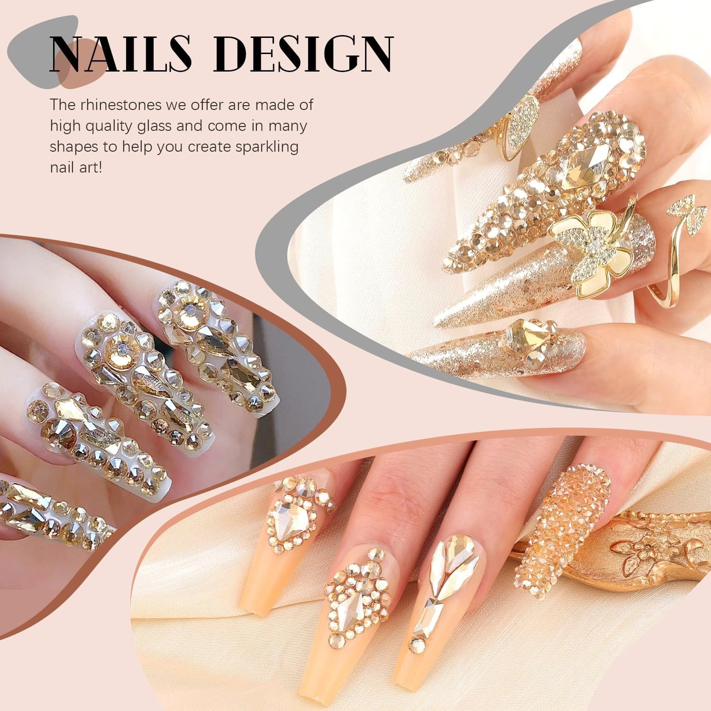 2680Pcs Champagne Gold Glass Nail Rhinestones 120Pcs Multi Shapes Flatback Nail Gems +2560Pcs 1.5-4mm Round Crystal with Rhinestones Glue Gel, Manicure Nail Charms Diamond Gemstone for Nail Art