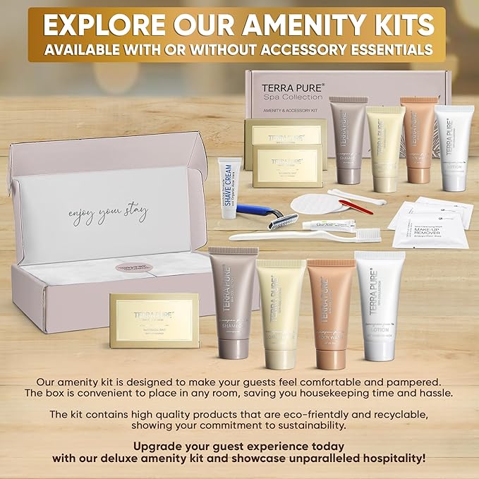 Terra Pure Spa Collection Amenity & Accessory Kit |1 oz Travel Size Shampoo, Conditioner, Lotion, Body Wash, 2 Soap Bars, Shave & Dental Sets, Make-Up Remover Wipes, & Vanity Kit | 1 set per case