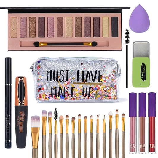All in One Makeup Set For Women Full Kit - 12 Colors Nude Eyeshadow Palette, Waterproof Black Mascara Eyeliner Pen, 3pcs Matte Liquid Lipstick Set, Eyebrow Soap Gel Kit, 12 pcs Brushes Set Makeup Sponge with Makeup Bag Gift Set
