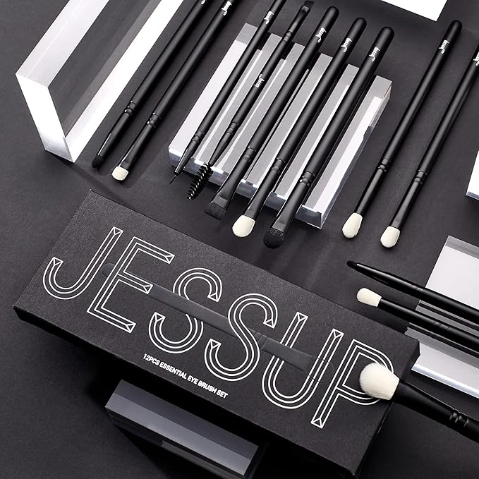 Jessup Eyeshadow Brush Set 12pcs Black Eye Makeup Brushes Set Professional with Natural Synthetic Hair for Eyebrow Eyelash Eyeliner Spoolie Blending, T322