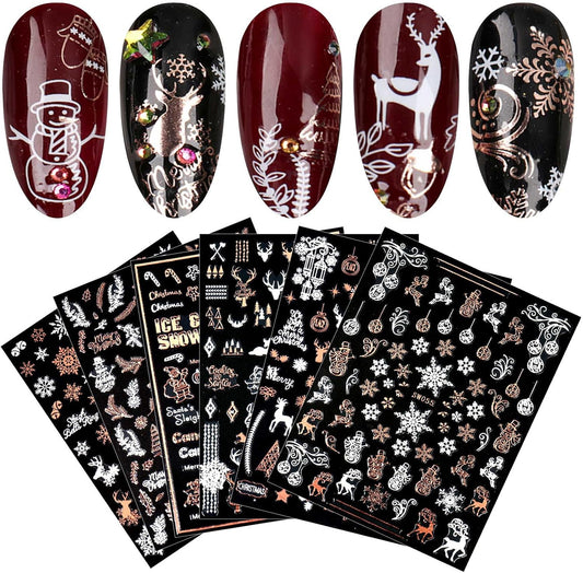 9 Sheets Christmas Nail Art Stickers Decals Self-Adhesive Pegatinas Uñas Rose Gold Snowflake Tree Winter Nail Supplies Nail Art Design Decoration Accessories
