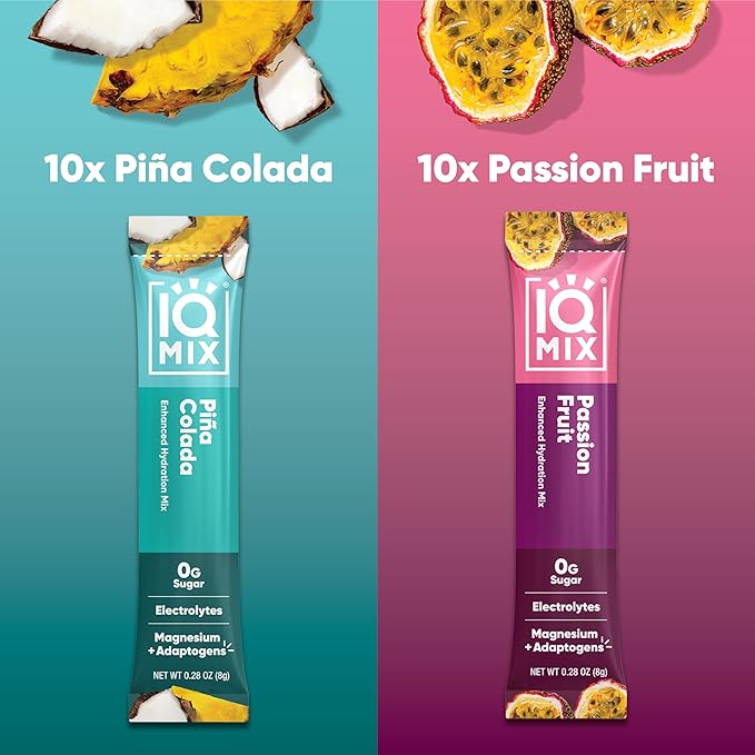 IQMIX Hydration Electrolyte Powder – 4-in-1 Formula for Hydration, Mental Clarity, Mood and Recovery – Sugar-Free Drink Mix, Keto, Magnesium L-Threonate, Lion’s Mane – 20 Count Tropical Variety Pack