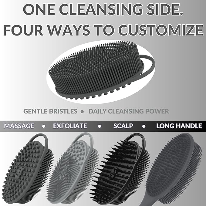 Avilana Silicone Body Scrubber – Gentle Shower Brush & Loofah Alternative- Food Grade & Lab Tested – Fast-Drying, Hygienic, BPA-Free Silicone Body Gentle Exfoliator (Lavender, Long Handle)