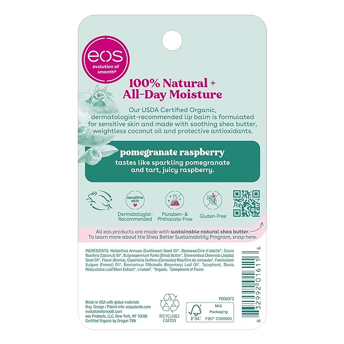 eos 100% Natural & Organic Lip Balm- Pomegranate Raspberry, Dermatologist Recommended, All-Day Moisture Lip Care, 0.14 Oz, 2 Pack