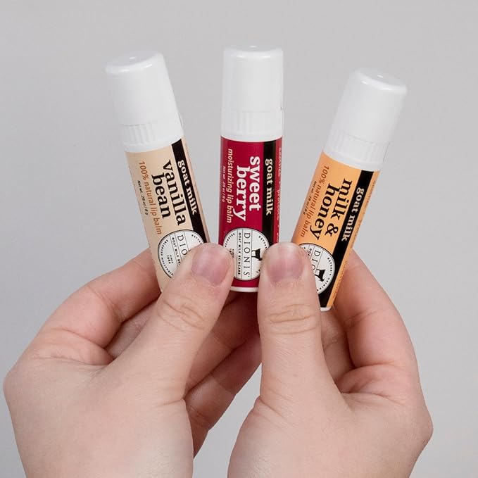 Dionis Goat Milk Skincare Warm & Sweet Lip Balm Gift Set - Beeswax, Shea Butter & Coconut Oil Lip Care Products Made in The USA - Cruelty Free Lip Moisturizer For Dry Chapped Lips, 0.28oz 3 Pack