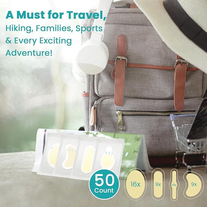 Blister Bandages Blister Pads - 50 ct Blister Cushions - Water Resistant Hydrocolloid Bandages for Foot, Toe, Heel - Gel Blister Bandages for Prevention & Recovery, Variety Pack