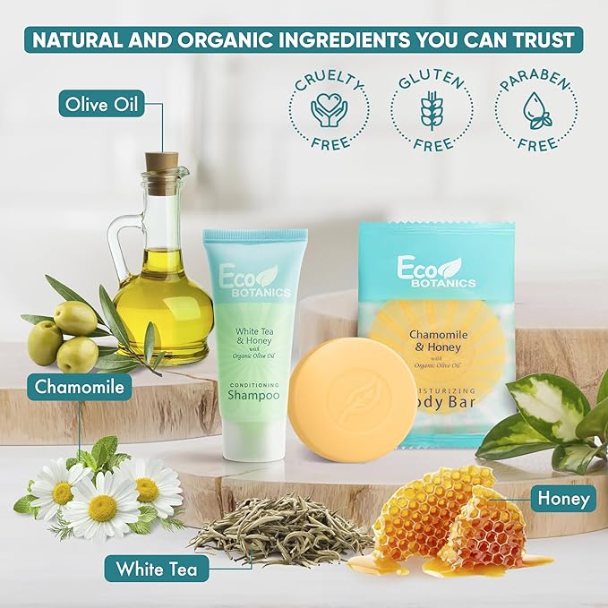 Eco Botanics Hotel Soaps and Toiletries Bulk Set | 1-Shoppe All-In-Kit Amenities for Hotels & Airbnb | 0.85 Conditioning Shampoo & oz Bar Soap Travel Size | 100 pieces