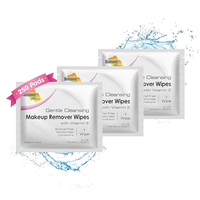 Diamond Wipes Face Cleansing and Waterproof Makeup Remover Wipes, Case of 250 Wipes, Alcohol Free Wipes with Vitamin E
