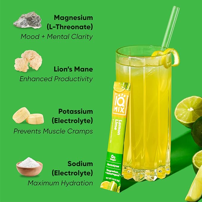 IQMIX Hydration Electrolyte Powder – 4-in-1 Formula for Hydration, Mental Clarity, Mood and Recovery – Sugar-Free Drink Mix, Keto, Magnesium L-Threonate, Lion’s Mane – 40 Count Lemon Lime