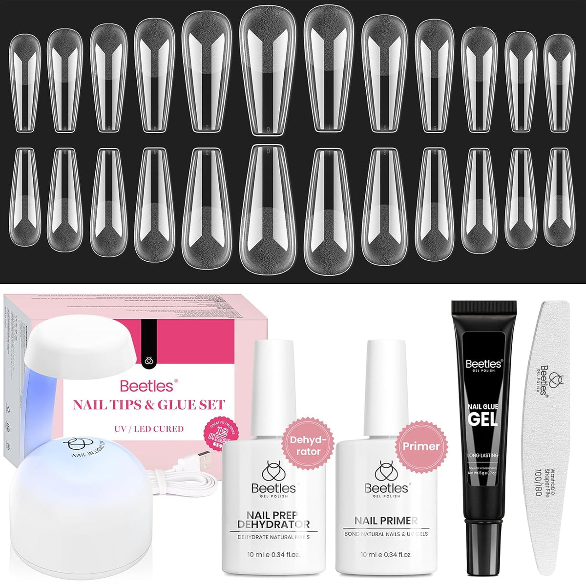 Beetles Gel Nail Kit Long Coffin with Nail Dehydrator and Primer, 576Pcs Half Matte Etch-X Gel Nail Tips Solid Nail Glue Mini Nail Lamp Acrylic Nail Tips Easy DIY Nail Extension Set Gift for Women