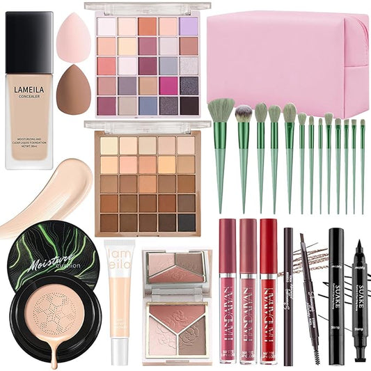 Makeup Set, Makeup Set for Women Full Kit, Eyeshadow Palette, Foundation Concealer CC Cream 3 in 1 Palette, Liquid Lipstick Eyebrow Pencil Eyeliner, Makeup Brush Sponges Makeup Bag