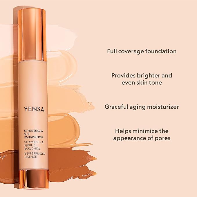 YENSA Super Silk Foundation - Full Coverage, Age-defying complex of Vitamin C, E, Ferulic, and Bakuchiol Oil (Tan 2) 1.0 fl oz