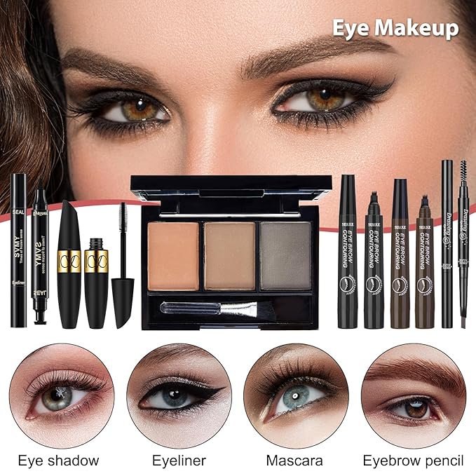 All In One Makeup Kit for Women, Travel Makeup Kit, Make Up Sets Valentine's Day Gift, Includes Eyeshadow Palette Highlighter Contour Blush Eyeliner Eyebrow Powder Mascara Cosmetic Brushes Makeup Set