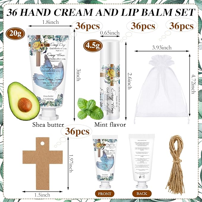 144 Pcs Christian Lip Balm Hand Cream Set Party Favors, Include 36 Bible Lip Balm 36 Moisturizing Hand Cream 36 Bags 36 Cards and Ropes for Accessories Gifts (Biblical, Cross)