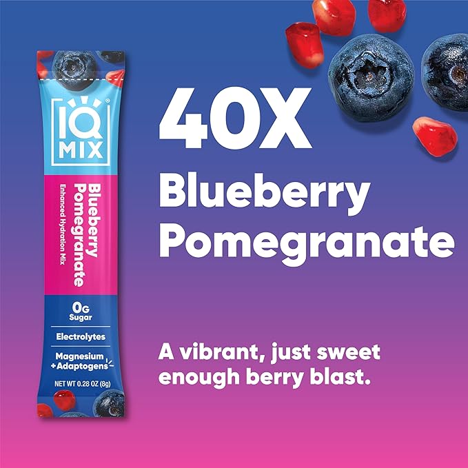 IQMIX Hydration Electrolyte Powder – 4-in-1 Formula for Hydration, Mental Clarity, Mood and Recovery – Sugar-Free Drink Mix, Keto, Magnesium L-Threonate, Lion’s Mane – 40 Count Blueberry Pomegranate