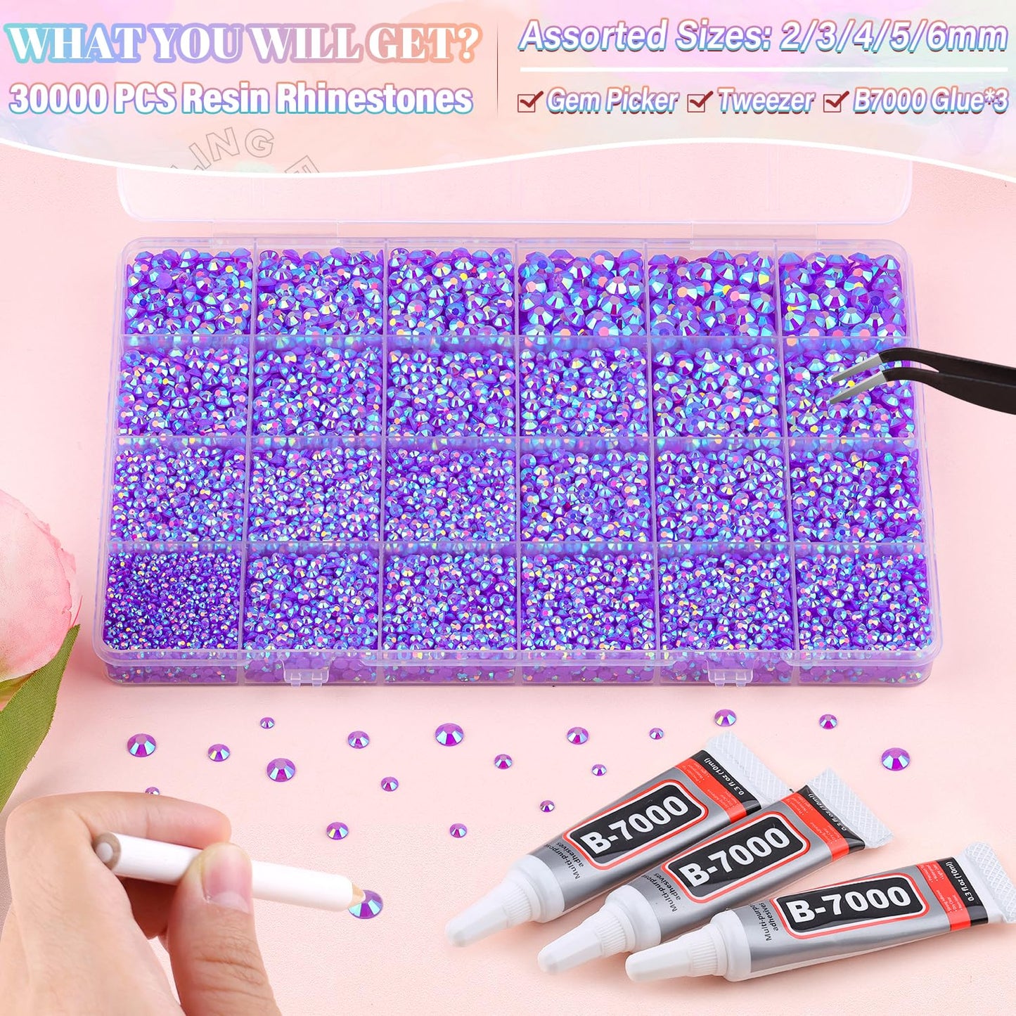 30000Pcs Resin Dark Purple AB Rhinestones for Bedazzling Crafting with b7000 Jewelry Glue, Bulk Flatback Gems Bedazzler Kit for Crafts Clothes Shoes Fabric Nail Diamond Art, Assorted Size 2/3/4/5/6mm