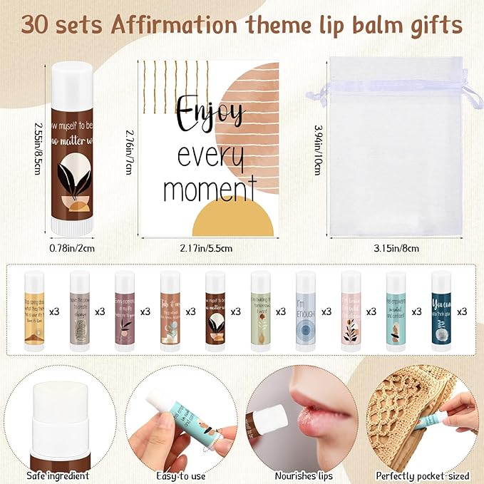 Mental Health Awareness Gifts Lip Balm Bulk Inspirational Lip Balm with Positive Daily Affirmation Cards Self Care Gifts Gifts for Women Men Stress Relief Family Reunion Favor(30 Sets)