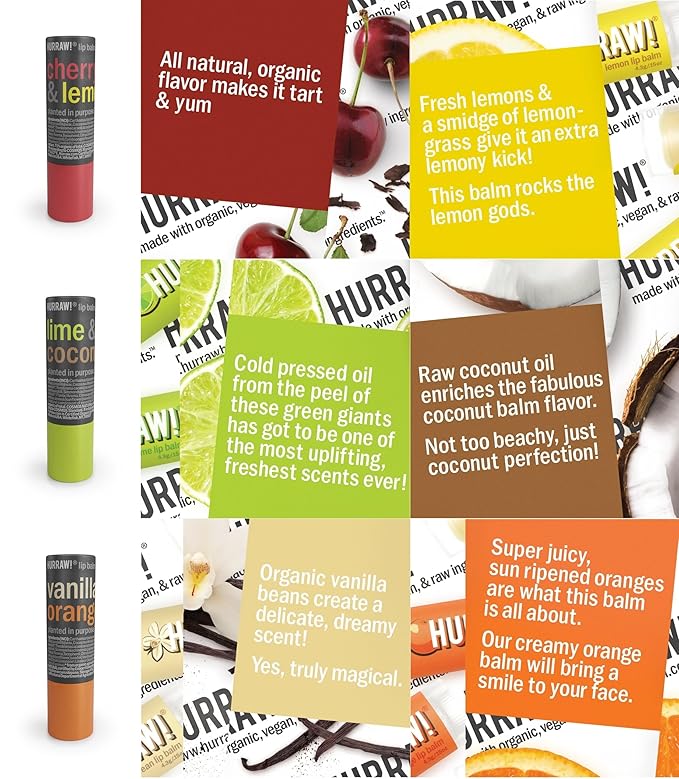Hurraw! Cherry Lemon, Lime Coconut, and Vanilla Orange Lip Balm 3 Pack Bundle: Plastic-Free with new cardboard push-up tube. Certified Organic, Natural & Vegan. Bee, Shea, Soy & Palm Free. Made in USA