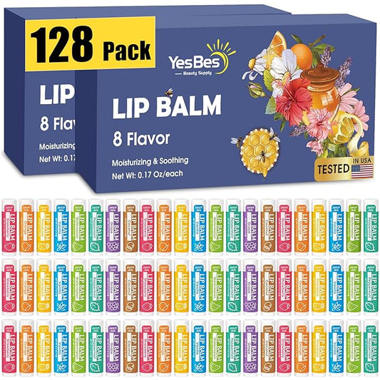 128 Pack Lip Balm, Natural Lip Balm Bulk with Vitamin E and Coconut Oil, Moisturizing Lip Balm for Dry Cracked Lips, Lip Balm for Stocking Stuffers - 8 Flavors