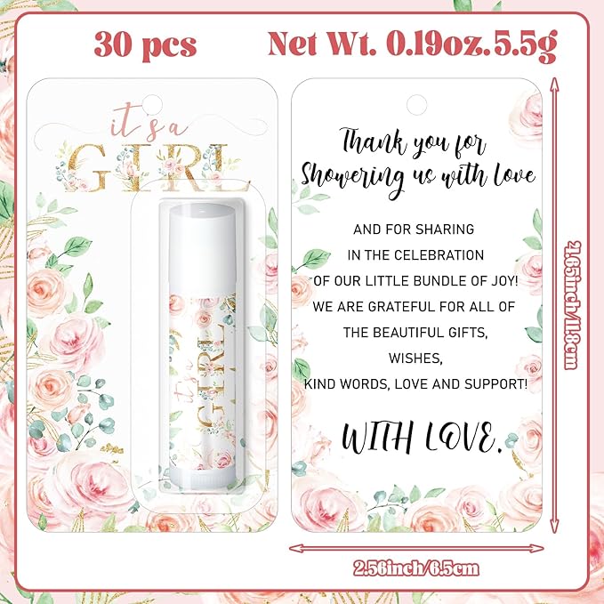 30 Sets Baby Shower Lip Balm Bulk Baby Shower Favors Pink Floral Gender Reveal Small Lip Balm wedding Thank You Gifts Honey Moisturizing Lip Balm Favors for Guest Coworkers Women Men