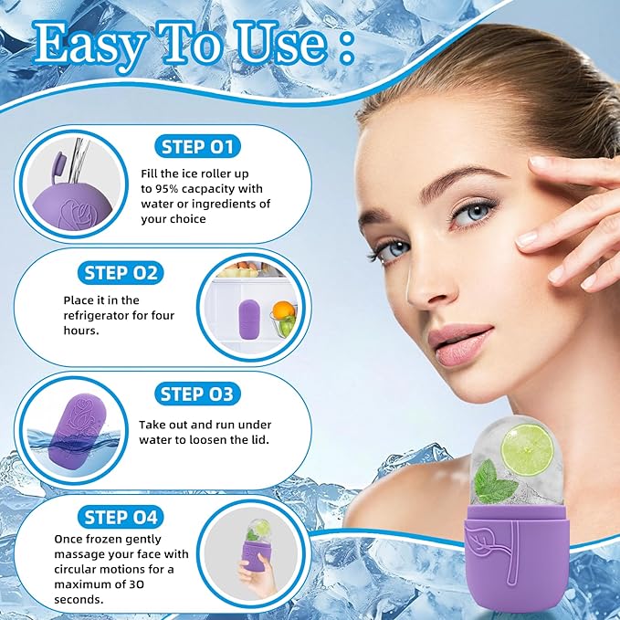 Ice Face Roller Massager for Face, Reusable Silicone Ice Cube Mold, Facial Beauty Ice Roller, Reduce Puffiness and Dark Circles, Minimize Pores & Improve Skin Texture (Purple)