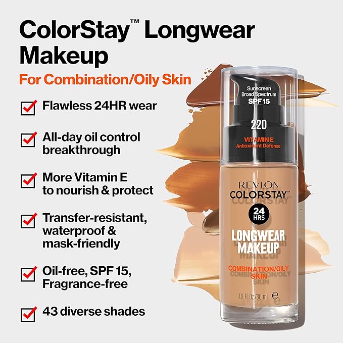 Revlon Liquid Foundation, ColorStay Face Makeup for Combination & Oily Skin, SPF 15, Medium-Full Coverage with Matte Finish, Natural Ochre (175), 1.0 oz