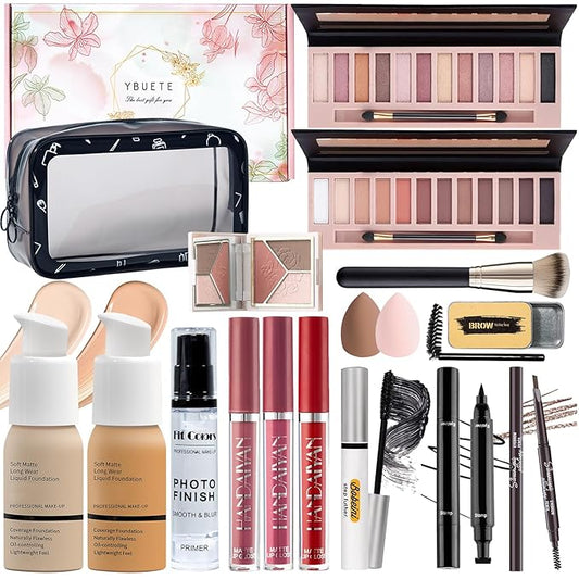 Makeup Set Kit for Women Full Kit, Makeup Present for Women Teen Girl, Eyeshadow Foundation Face Primer Brush 3 in 1 Palette Lip Gloss, Eyebrow Soap Mascara Eyeliner cosmetic bag