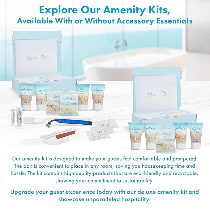 Aqua Organics Amenity & Accessory Kit|1oz Travel Size Shampoo,Conditioner,Lotion,Body Wash,Body Bar, Cleansing Bar, Shave & Dental Sets, Make-Up Remover Wipes & Vanity Kit|60 sets