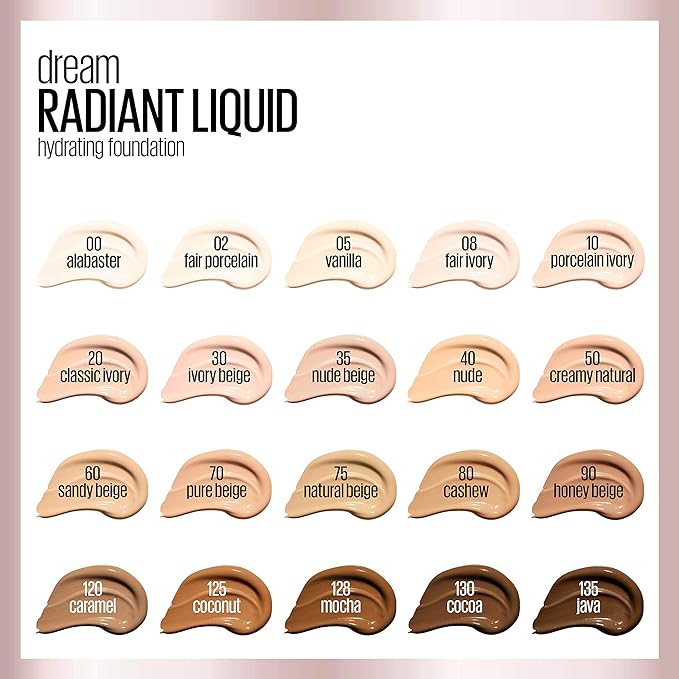 Maybelline Dream Radiant Liquid Medium Coverage Hydrating Makeup, Lightweight Liquid Foundation, Nude, 1 Fl; Oz