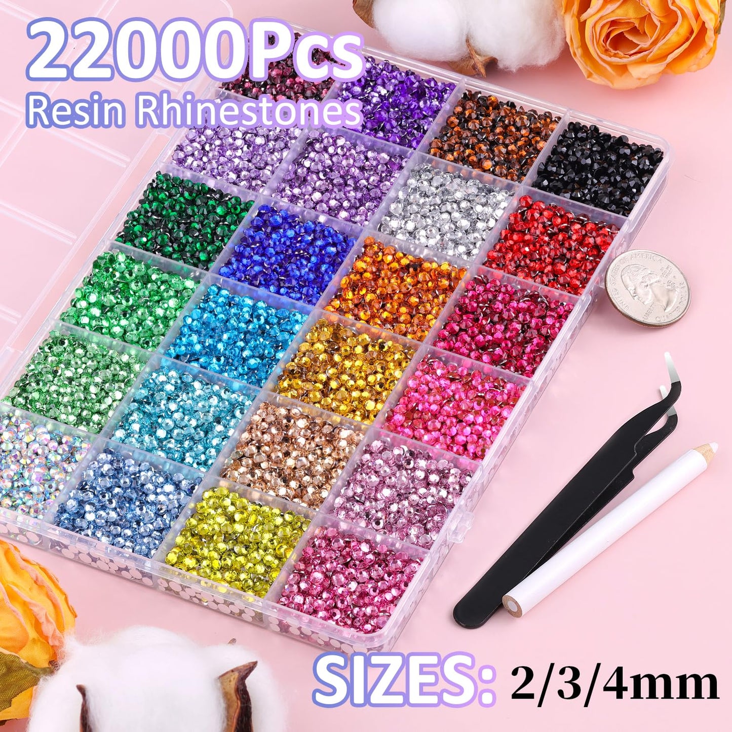 22000Pcs Resin Rhinestones for Bedazzling with Tweezers, Multicolor 2/3/4mm Rhinestones for Crafting with 3Pcs 10ml B7000 Jewelry Glue for DIY Crafts Clothing Tumblers Shoes Fabric Nail Art