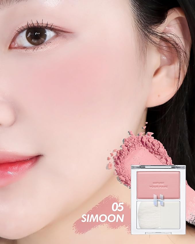 HOLIKA HOLIKA Infusing Blush with Brush - Lightweight, Smooth, Blendable Cheek Blusher, Sebum-Control, Natural Pore Coverage, Built-In Brush, Long-Lasting Pigment for Romantic Mood (05 SIMOON)