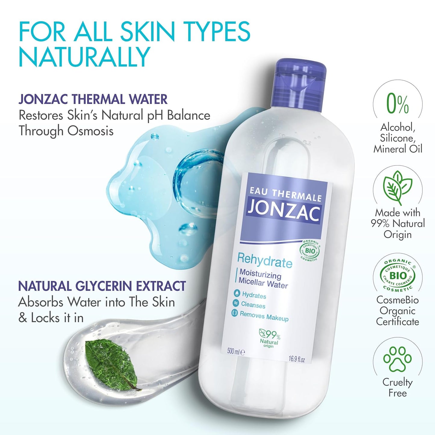99% Organic Micellar Water - Natural Eye & Face Makeup Remover - Hydrating With Thermal Spring Water - For Sensitive Skin - Non-Toxic - Agua Micelar Orgánica - 16.9 Fl Oz