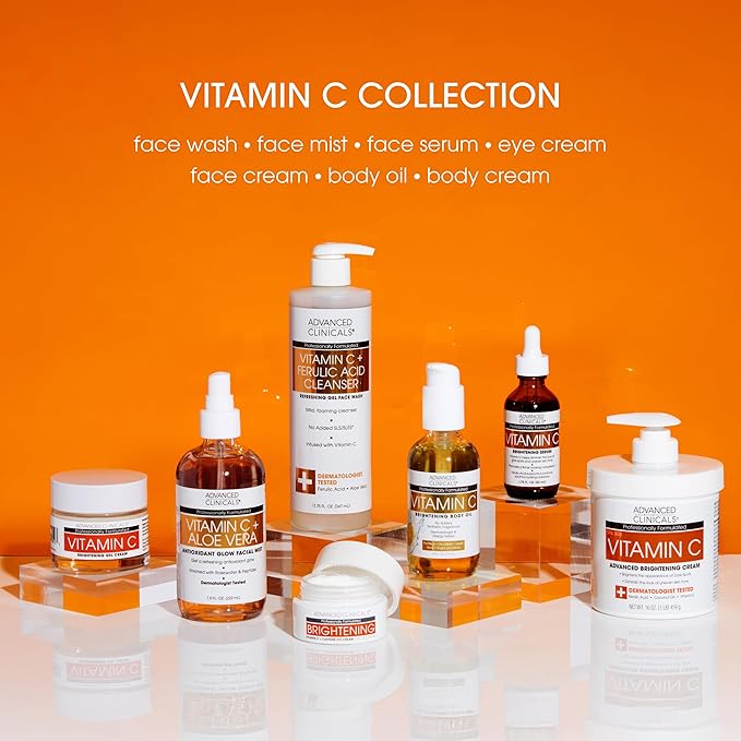 Advanced Clinicals Brightening Vitamin C Serum For Face With Glycolic Acid + Lactic Acid | Vitamin C Eye Serum Face Moisturizer For Improving Look Of Dark Spots & Uneven Complexion, 2-Pack