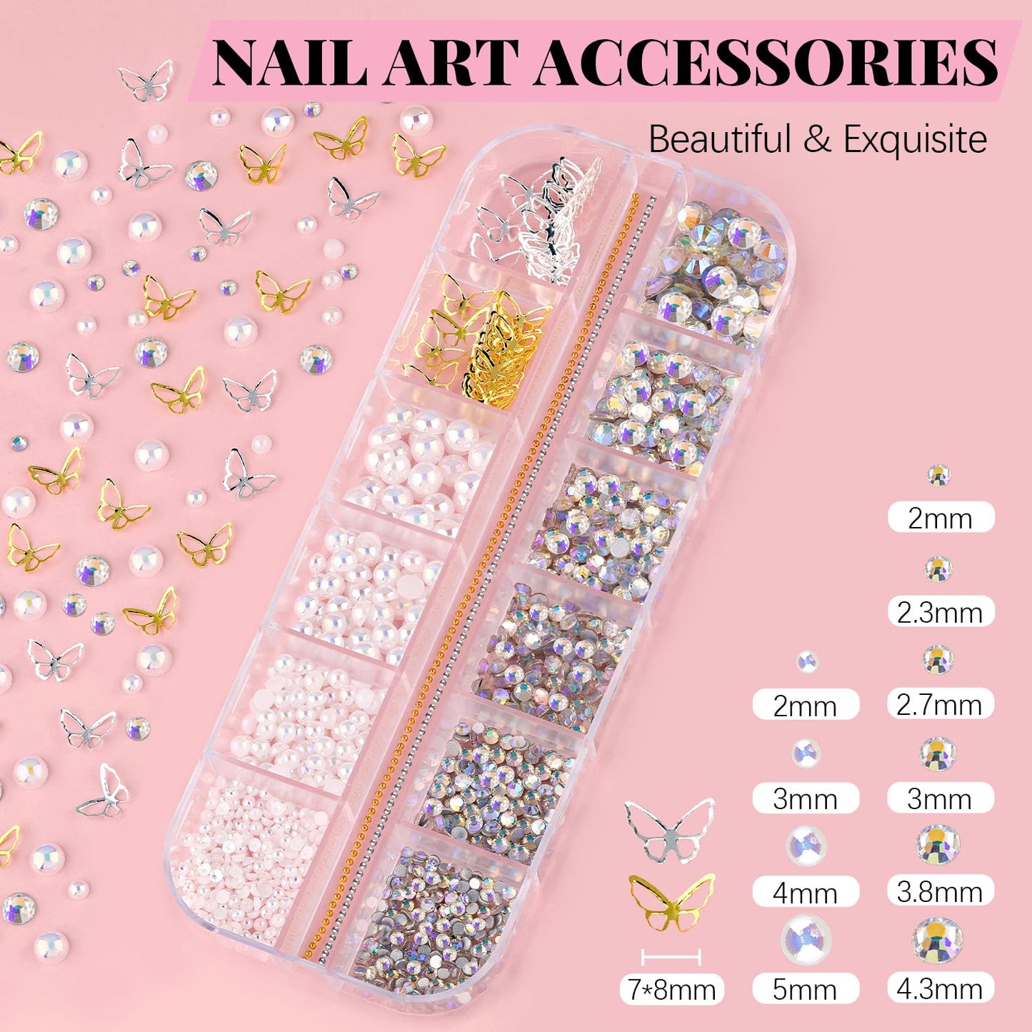 3D Nail Charms, Manicure Kit with Nail Rhinestone Glue Gel (UV Curing), Butterfly White Pink Flower Starry AB Gems Caviar Beads Half Round Pearl & Flatback Glass AB + Clear Gems with Dotting Tools